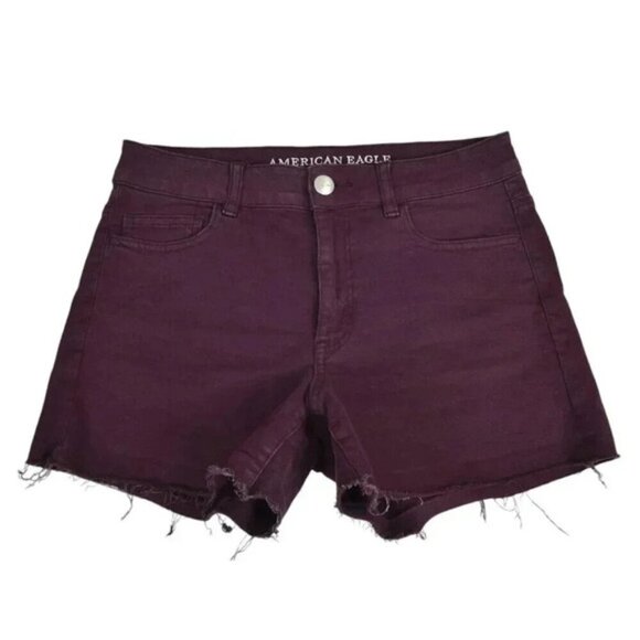 American Eagle Hi-Rise Shortie Jean Shorts Burgundy Super Stretch Size 8 - Picture 3 of 12